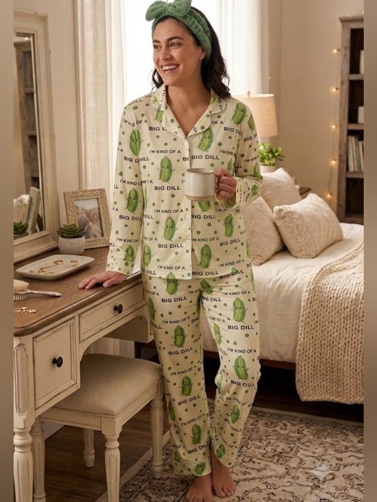 Other - Cream & Green 'Big Dill' Pickle Print Pajama Set Large